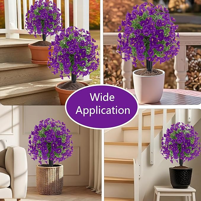 22.8" Set of 2 Fall artificial Boxwood topiary Ball tree for outdoors with Spike,UV Resistant Faux Shrubs Outdoor with morning glory flowers,Faux Plants Bushes for Garden Porch Yard Patio Decor Purple