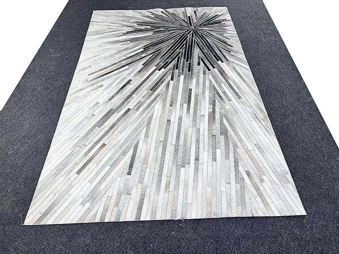Faux Cowhide Area Rug | Radiating Starburst Pattern Non-Slip Leather Carpet for Western, Farmhouse & Modern Home Décor – Living Room, Bedroom & Office Accent(Grey_2.5x8)