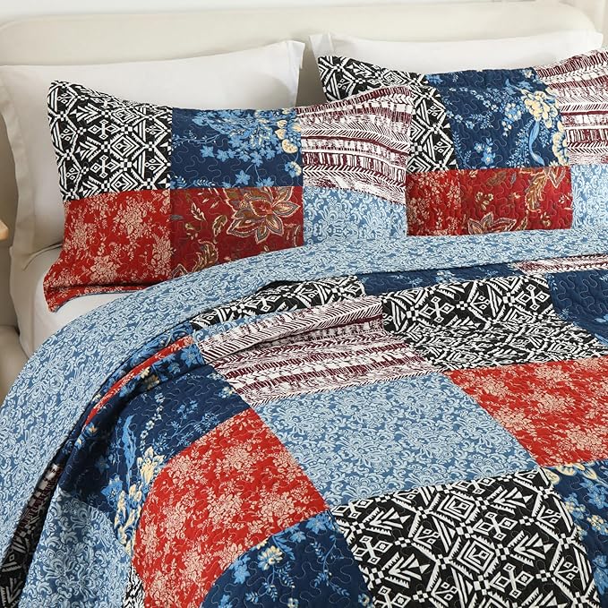 Secgo Queen Comforter Set for Bed - 100% Cotton Quilts Queen Size, Black Bedspreads (90 * 98 Inch) with 2 Pillow Shams, Patchwork Reversible Lightweight Bedding