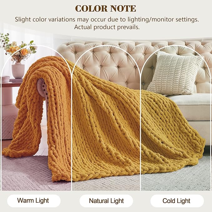 Carriediosa Chunky Knit Throw Blanket 50" X 60", 100% Hand Made Large Chenille Loop Yarn Soft Fluffy Throws for Couch Sofa Bed, Big Crochet Cozy Heavy Thick Cable Woven Blanket, Yellow