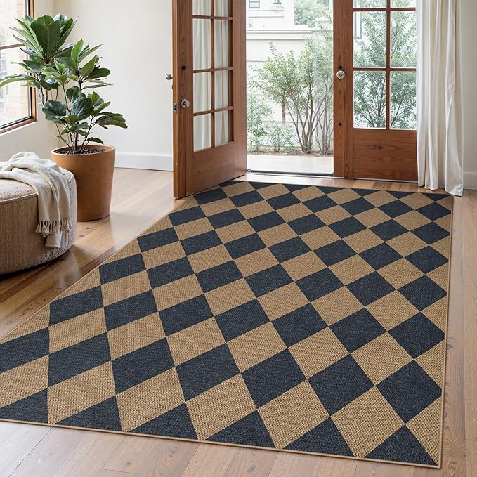 Lahome Checkered Easy Jute Washable Rug, 5x7 Area Rugs for Living Room Nature Large Dining Room Carpet, Farmhouse Geometric Non Slip Indoor Outdoor Carpet for Home Office Bedroom Backyard Patio