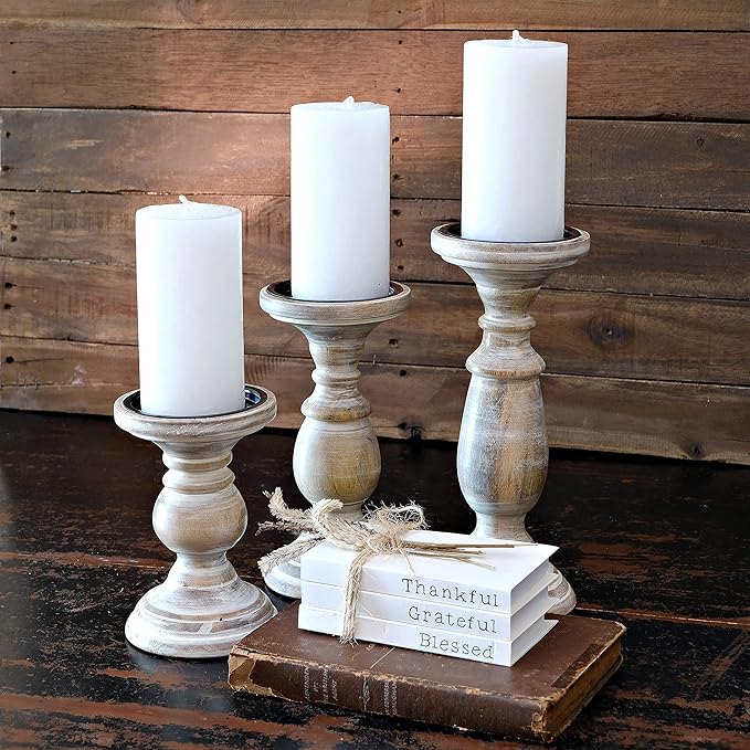 Candle Holders for Pillar Candles, Wooden Candleholders Table Centerpiece, Pillar Candle Holders Set of 3, Wood Rustic Farmhouse Fireplace White
