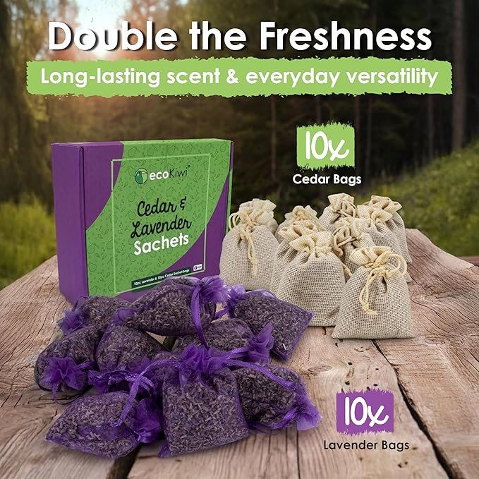 EcoKiwi Cedar & Lavender Sachets – 20 Sachets for Home Fragrence and Fresh Scents, Cedar & Lavender Sachet for Drawers and Closest, Dual-Purpose Sachet to Stop Clothes Damage and Closest Freshness