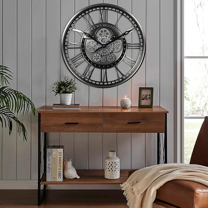 CLXEAST 21 Inch Modern Moving Gears Wall Clock for Living Room Decor,Industrial Steampunk Clocks for Farmhouse Home Decor,Roman Numerals,Gunmetal Nickel Finish