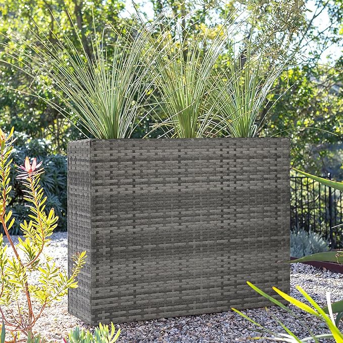 LEWIS&WAYNE Tall Planters for Outdoor Plants Handmade Wicker Large Rectangular Block Planter Box with Removable Liners Modern Planter for Indoor Outdoor Patio Deck - Gray