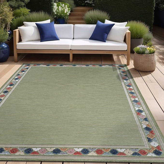 Beverly Rug Outdoor Rug 8x10 Modern Bordered Area Rugs for Indoor and Outdoor Patio Easy to Clean Non Shedding Living Room Porch Garden Washable Outside Carpet (8 x 10 Green)