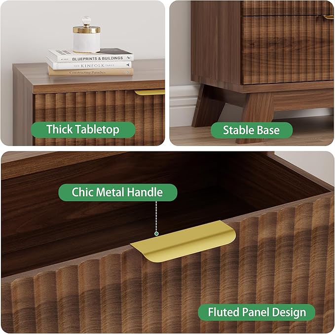 Fluted Nightstand, 24" Wide Side Table with 3 Large Storage Drawers, Mid Century Modern Wood Night Stand with Metal Handle, Wooden Bedside End Table for Bedroom, Living Room, Closet, Walnut
