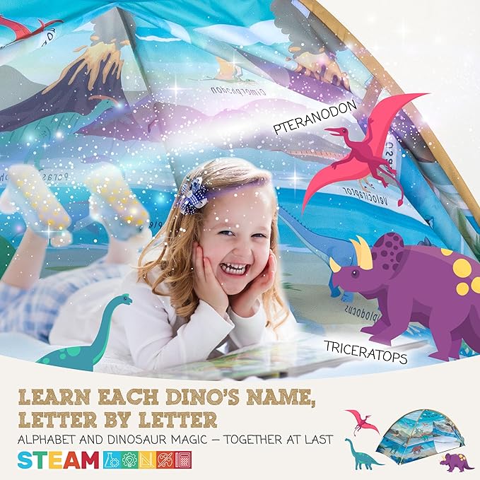 Dinosaur Twin Bed Tent for Kids Indoor Fort - Magical Dream Tents for Boys Pop Up Toddler Bed Canopy for Girls Bunk Bed Tent for Top Bunk - Sensory Sleep Pod for Kids Educational