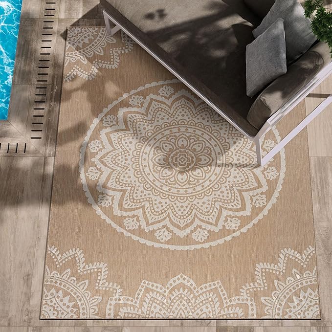CAMILSON Outdoor Rug 5x7 Modern Area Rugs for Indoor and Outdoor Patios and Porches - Waterproof, Washable, Non-Shedding, Easy-to-Clean Outside Carpet (5 x 7, Medallion - Beige/White)