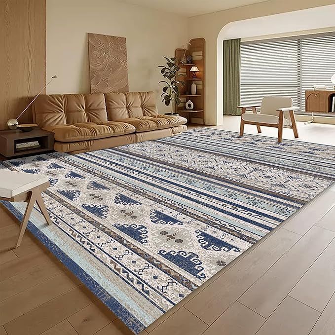 RUGSURE Washable Area Rugs 8' x 10' - 1/6 Thick - Moroccan-Inspired -Stain & Water Resistant Non-Slip - Resistant Rug for Living Room, Bedroom, Nursery, Pet & Child Friendly (Blue and Brown)