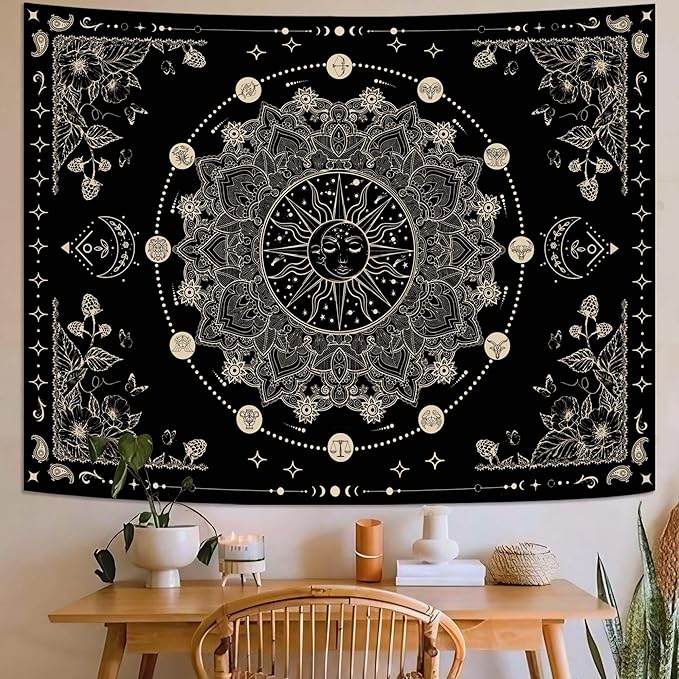 Lunerfex Sun and Moon Mandala Tapestry Boho Tapestry for Bedroom Black and White Tapestries Wall Hanging Living Room Wall Art and Home Decor 44x60