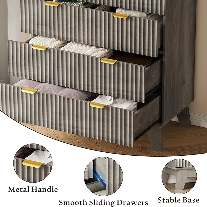 46" Tall Dresser for Bedroom, 6-Drawer Fluted Chest of Drawers, Modern Wood Highboy with Deep Storage, Metal Slides and Handles, Anti-Tip Kit, Vertical Clothes Organizer for Apartment, Nursery