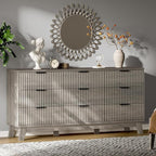 Fluted Dresser with 9 Drawers, 63" Wide Wood Chest of Drawers with Metal Handle, Wooden Dresser TV Stand, Modern Closet Clothes Storage Organizer for Bedroom, Living Room, Hallway, Light Grey