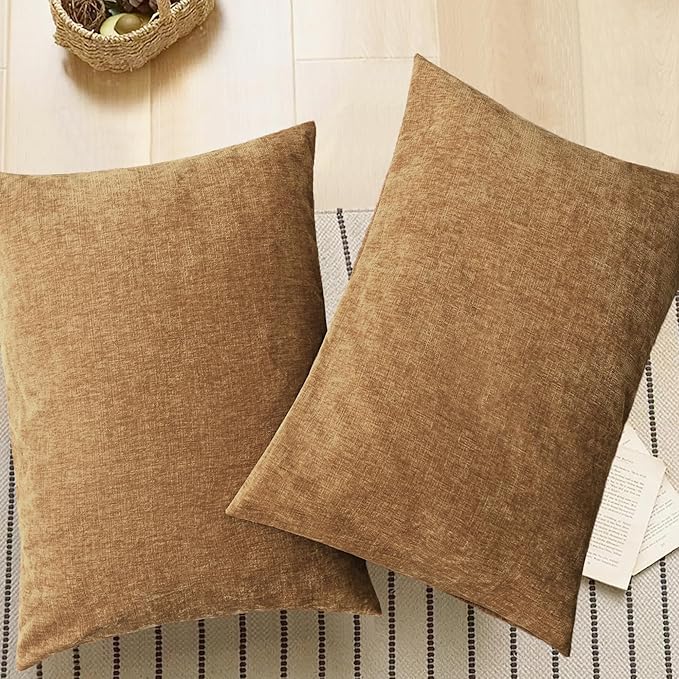 CaliTime Throw Pillow Covers Decorative 20 X 26 Inches Pack of 2 Cozy Chenille Standard Pillow Shams Cases for Couch Sofa Bed Living Room Home Apricot Brown