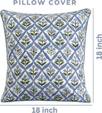 Ridhi Light Steel Blue Block Print Cotton Throw Pillow Covers for Decorative Couch Pillows for Living Room, Chic Boho Cute Outdoor Valentine Pillows Covers Gifts 18x18 Inches
