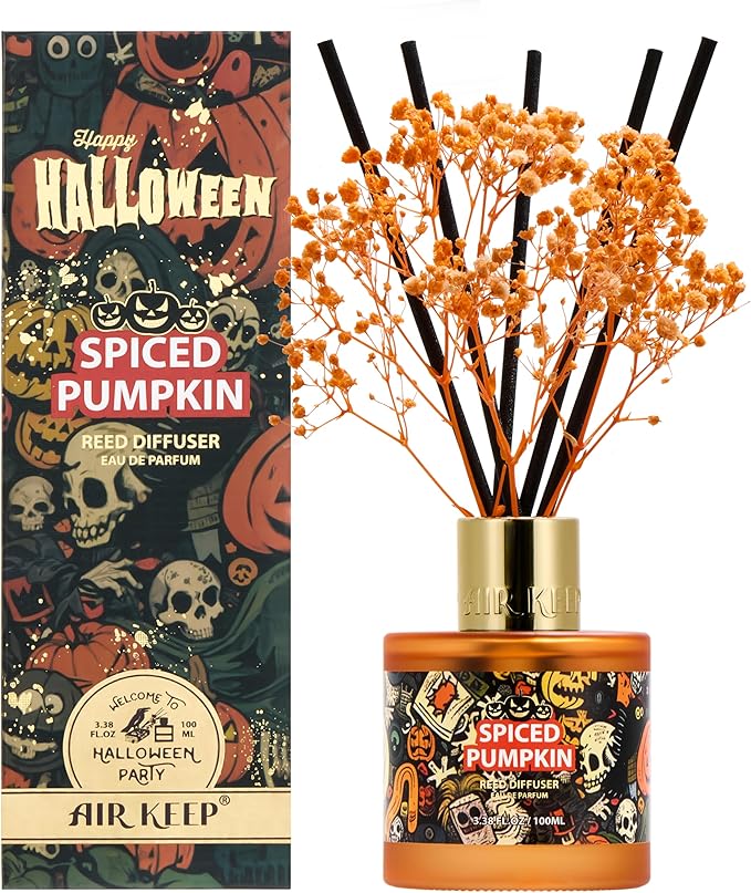 Airkeep Reed Diffuser Set,3.38 fl oz (100 ml) - Spiced Pumpkin Oil Diffusers with 8 Reed Sticks, Home Fragrance Reed Diffuser for Bathroom Shelf Decor