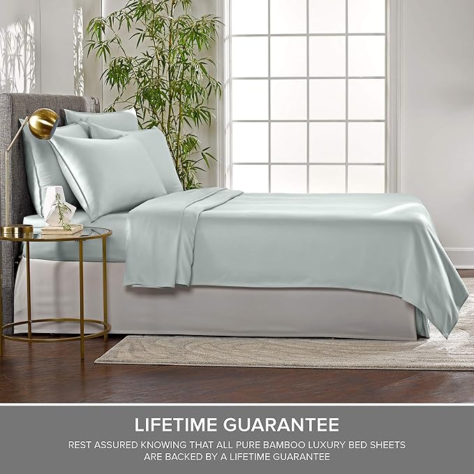 Split King Sheets by Pure Bamboo, Genuine 100% Organic Viscose Derived from Bamboo Bed Sheet Set, Soft & Cooling, Double Stitching *Not for Split Top (Split King, Sea Glass)