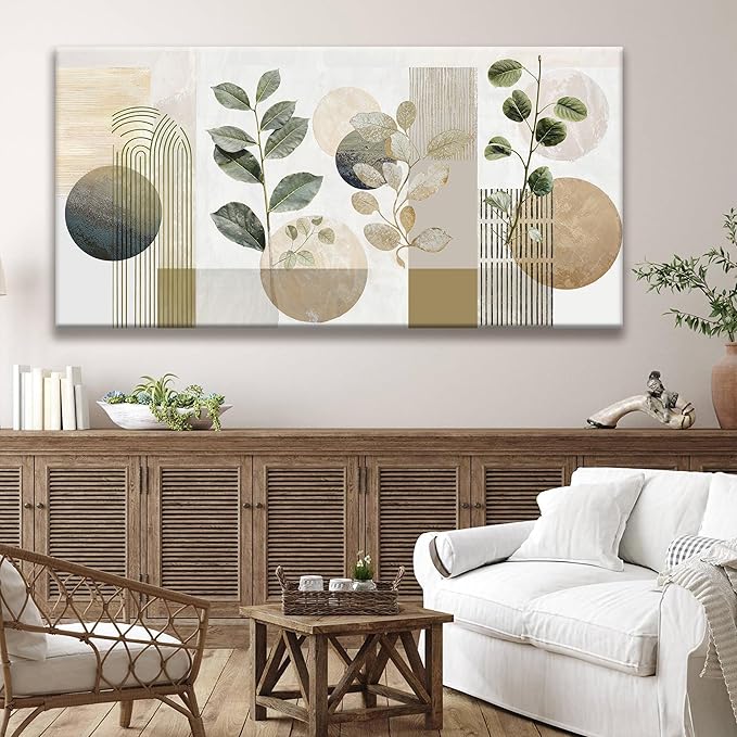 TAIJXAGSG Large Boho Green Wall Art For Living Room 29x58 In Green Botanical Boho Wall Art Modern Sage Bohemian Canvas Art Wall Decor Natural Abstract Geometry Lines Prints Picture Ready To Hang