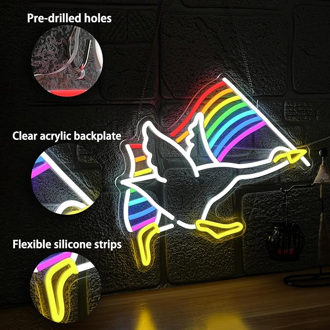 Rainbow Goose Neon Sign for Wall Decoration,Rainbow Led Funny Animal Neon Sign LGBTQ Light up Sign for Gift Pub Gay Bar (16.54 * 12.6In)