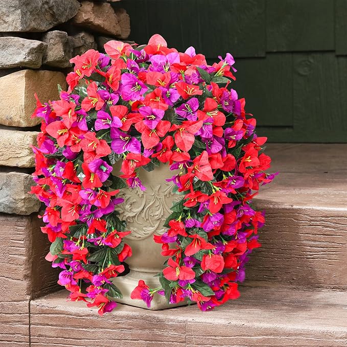 Faux Bougainvillea Artificial Flowers Plants for Outdoors Outside Decoration, 2pcs Fake Flowers Silk Long Trailing Vines UV Resistant Realistic for Front Door Porch Planter Urn Patio Balcony Yard, Mix