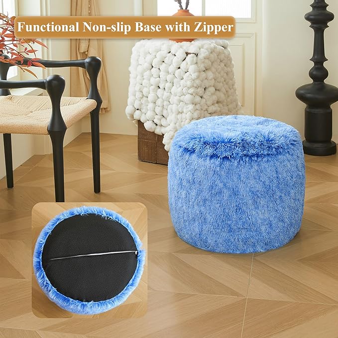 XeGe Fluffy Faux Fur Inflatable Pouf Ottoman, Soft Shaggy Fuzzy Foot Stool, Plush Furry Foot Rest Floor Pouf Anti-Slip, Foldable Round Ottoman Cushion Living Room Bedroom Home Decor, Ombre Blue