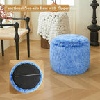 XeGe Fluffy Faux Fur Inflatable Pouf Ottoman, Soft Shaggy Fuzzy Foot Stool, Plush Furry Foot Rest Floor Pouf Anti-Slip, Foldable Round Ottoman Cushion Living Room Bedroom Home Decor, Ombre Blue