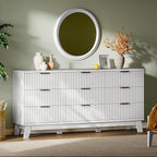 Fluted Dresser with 9 Drawers, 63" Wide Modern Chest of Drawers with Metal Handle, Wooden Dresser TV Stand, Wood Closet Clothes Storage Organizer for Bedroom, Living Room, Hallway, Solid White