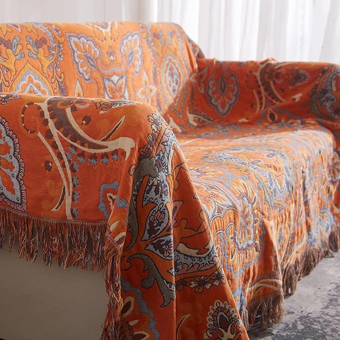 Boho Throw Blanket for Couch Sofa Bed, 100% Cotton Woven Quilt with Tassel 60”x80”, Super Soft Muslin Blanket with Oriental Universe Printed, Decorative Reversible Bed Blanket/Cover for All Seasons