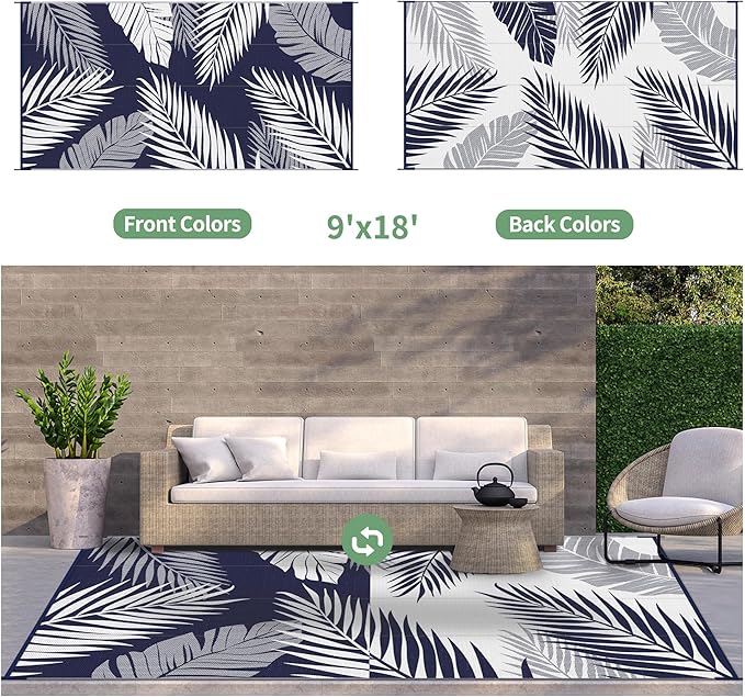 GENIMO Outdoor Rug 9' x 18' Waterproof for Patios Clearance, Reversible Outdoor Plastic Straw Camping Rug Carpet, Large Area Rugs Mats for RV, Camper, Deck, Balcony, Porch, Beach, Navy Blue&White