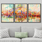 SIGNWIN Framed Canvas Wall Art Bright neon Color Buildings Block with Reflection Places Cityscape Oil Painting Abstract Modern Panoramic Colorful for Living Room, Bedroom, Office - 24"x36"x3 Black
