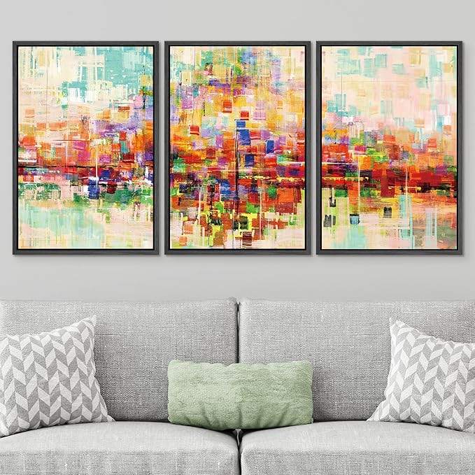SIGNWIN Framed Canvas Wall Art Bright neon Color Buildings Block with Reflection Places Cityscape Oil Painting Abstract Modern Panoramic Colorful for Living Room, Bedroom, Office - 24"x36"x3 Black
