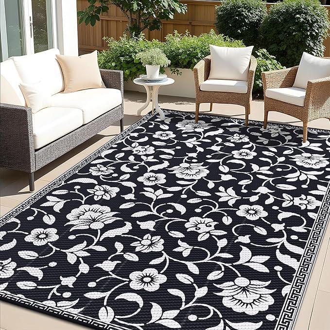 OLANLY Waterproof Outdoor Rug 9x12 ft, Outdoor Plastic Straw Rug with Flower Pattern, Reversible RV Mat for Patio, Camping, Balcony, Deck, Backyard, Black & White
