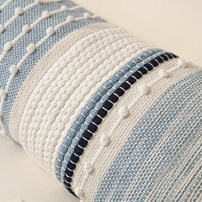 BlissBlush Decorative Lumbar Throw Pillow Cover 14x24 Boho Coastal Blue Accent Cushion for Couch Sofa Farmhouse Pillowcase for Bedroom Living Room Home Décor Cover ONLY