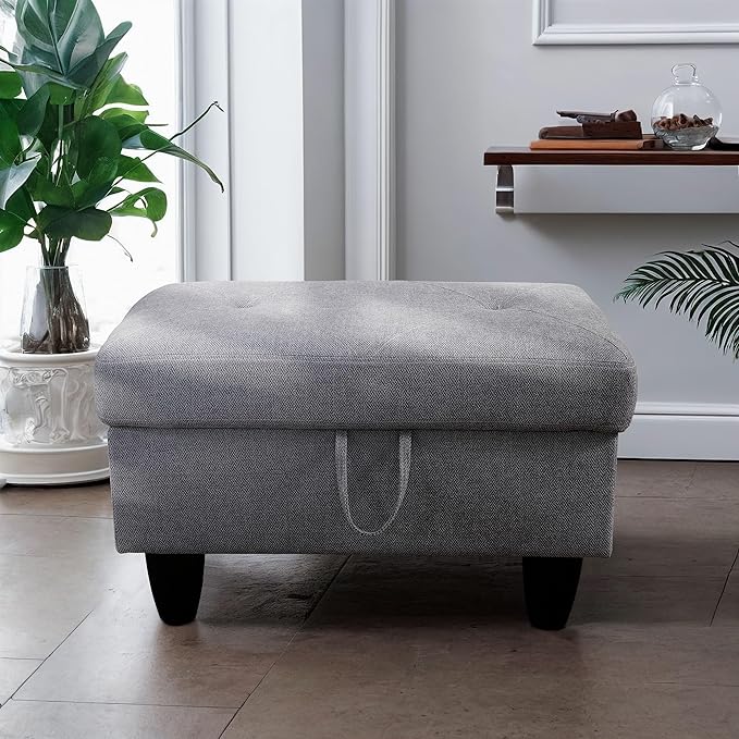 Ottoman Rectangular Storage Ottoman Bench, Flannel Footrest Stool Footstool with Lid for Living Room, Bedroom, Entryway, Gray, 28.5"x19"x17.5"