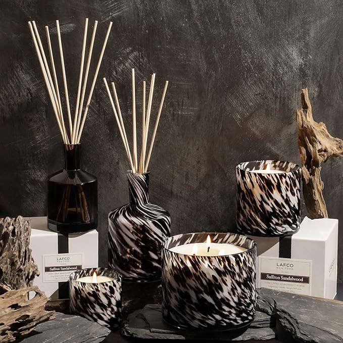 LAFCO New York Signature Reed Diffuser, Saffron Sandalwood - 15 oz - Up to 9 Months Fragrance Life - Reusable, Hand Blown Glass Vessel - Natural Wood Reeds - Made in The USA