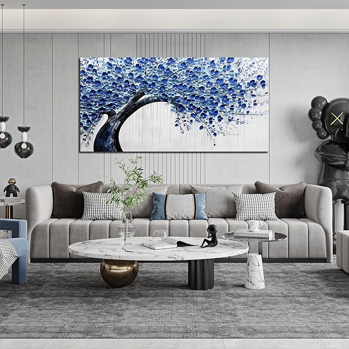 Large Wall Art for Living Room Bedroom Home Office Blue Tree of Life Wall Art Floral Picture Framed Wall Decor Modern Canvas Prints 29x59 In