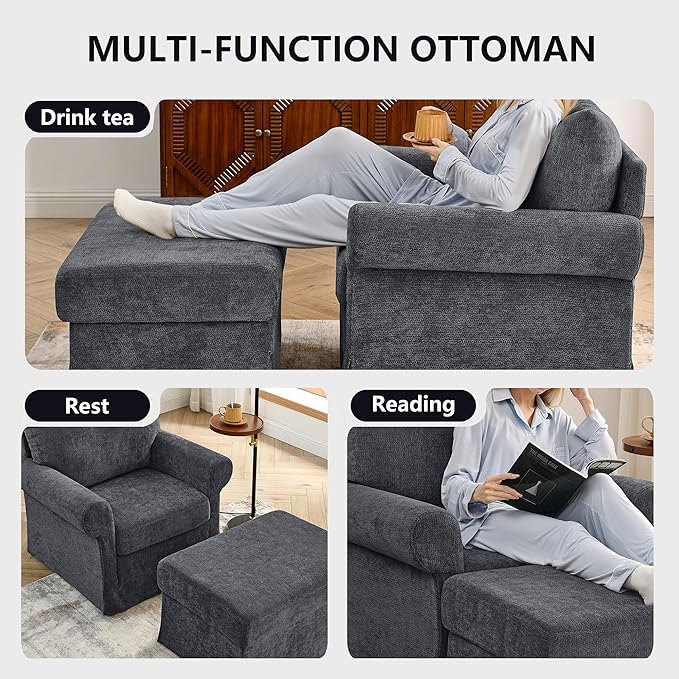35.82” Accent Chair with Ottoman Upholstered Living Room Chairs for Reading Chair with Chaise Lounge Chairs Indoor, Comfortable Armchair for Bedroom (Gray, 35.82")