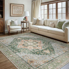 GENIMO 8x10 Area Rugs for Living Room, Machine Washable Non Slip Vintage Rugs, Low Pile Lightweight Chenille Print Rug for Bedroom, Dining Room, Home Office, Sage Green