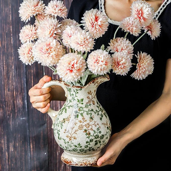 Enra Large Vintage Green Ceramic Vase and Pitcher for Home Decor, 9.7 Inch Rustic Chinoiserie Decorative Vases, Green and Beige Ceramic Vases for Living Room, Kitchen, Office – Large Vases for Decor