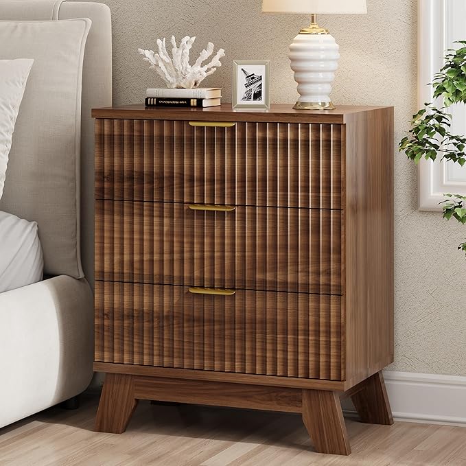 Fluted Nightstand, 24" Wide Side Table with 3 Large Storage Drawers, Mid Century Modern Wood Night Stand with Metal Handle, Wooden Bedside End Table for Bedroom, Living Room, Closet, Walnut