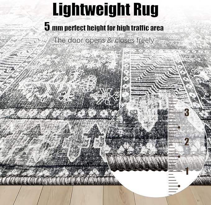 Vintage 2'6'' x 8' Washable Area Rug - Stylish Indoor Rug for Living, Dining or Bedroom - Lightweight Carpet with Non-Slip Backing - Foldable for Easy Placement and Maintenance - Grey