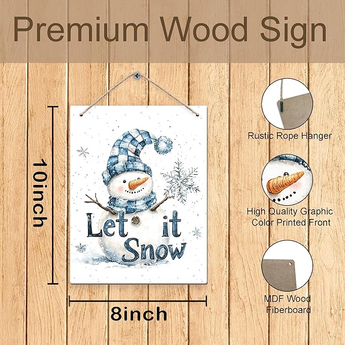 Winter Snowman Hanging Wooden Signs 12x6, Let It Snow Signs, Winter Wall Decor, Winter Door Decor, Blue Snowman Winter Snowflakes Home Room Office Hanging Wall Decor