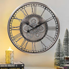 CLXEAST 28 Inch Original Real Moving Gear Wall Clock Roman Numerals,Oversized Large Wall Clocks for Modern Farmhouse Living Room Home Decor,Brushed Gunmetal