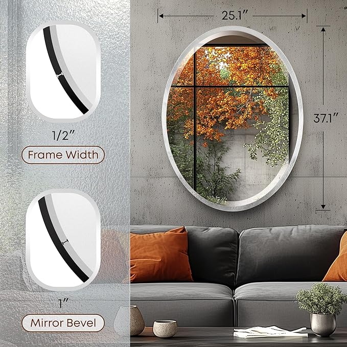 OVALCREST - Oval Wooden Beveled Wall Mirror for Home Decor, Bathroom, Vanity, Bedroom, Living Room, Hallway - London Style (Silver Leaf with Brown Antique) 25.1 x 31.1