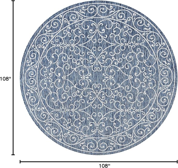JONATHAN Y Vintage Filigree Indoor Outdoor Round Area Rug 9 Ft Navy/Gray, Charleston Textured Weave for Backyard, Patio, Porch, Easy-Cleaning, High Traffic, Pet-Friendly, Non-Shedding (SMB106D-9R)