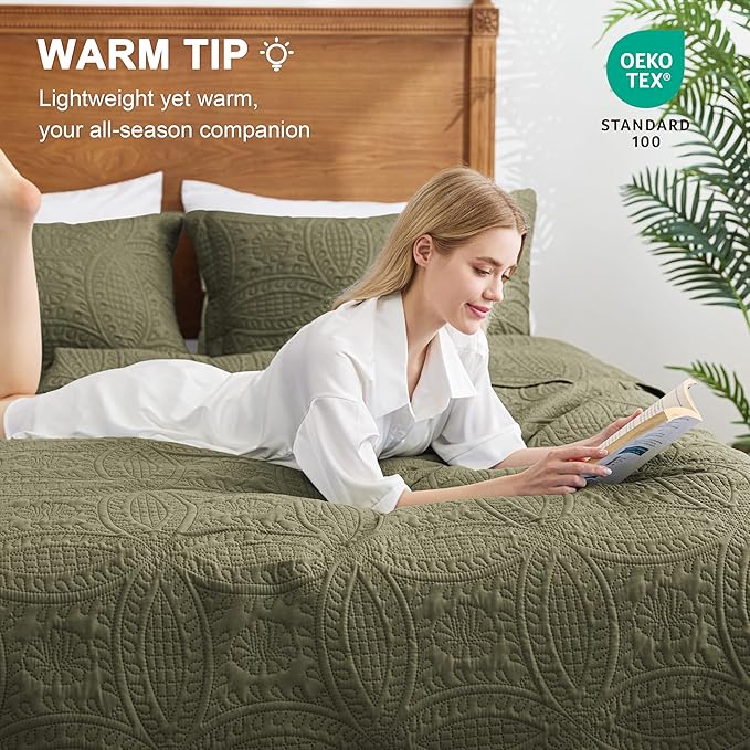 Love's cabin Quilts for Full Bed Green Bedspreads Bedding Set - Lightweight Bedspread Comforter - Coin Pattern Bedding Coverlet for All Season - 3 Pieces (1 Quilt, 2 Pillow Shams)