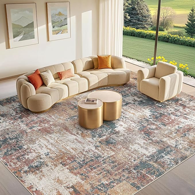Tortania Washable 8x10 Area Rug for Living Room: Modern Abstract Neutral Large Soft Thin Rugs - Non Slip Indoor Carpet for Bedroom Dining Room Office Nursery Home Floor Decoration - Colorful Multi