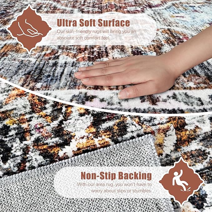 8' x 10' Washable Area Rug - Low Pile Soft Vintage Indoor Rug for Living, Dining or Bedroom - Lightweight Carpet with Non-Slip Backing - Foldable for Easy Placement, Multi