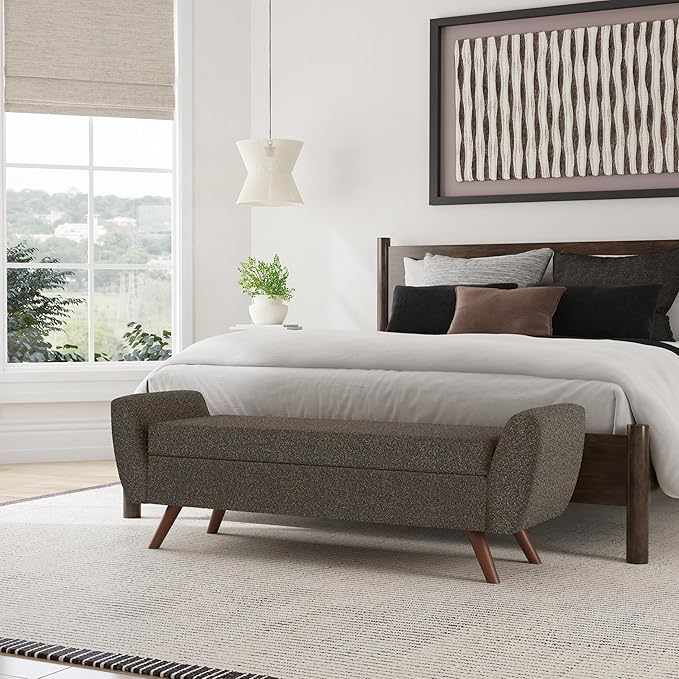 HomePop Modern Storage Bench with Wood Legs Home Décor|Bench with Storage for Living Room & Bedroom - Dark Brown Boucle