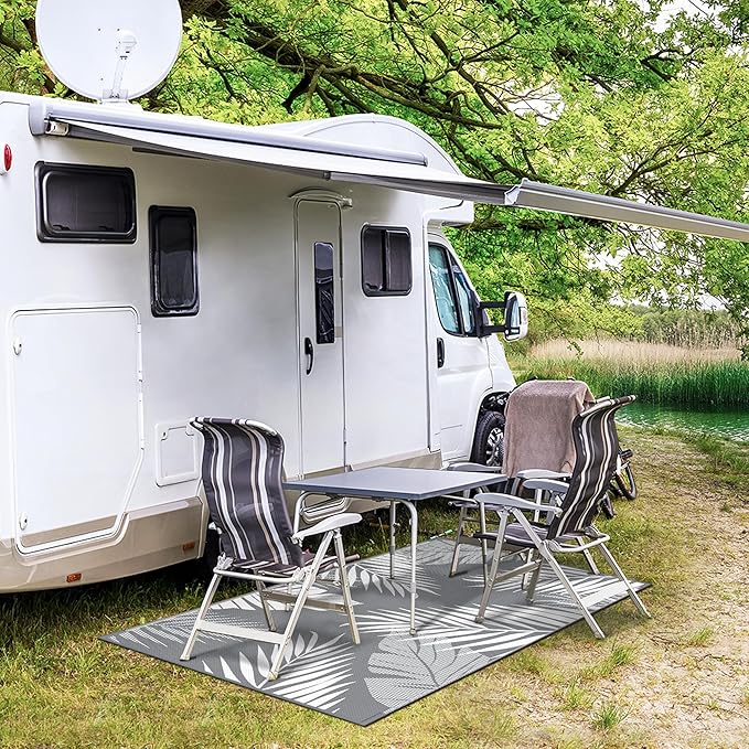 GENIMO Outdoor Rug 3' x 5' Waterproof for Patios Clearance, Reversible Outdoor Plastic Straw Camping Rug Carpet, Large Area Rugs Mats for RV, Camper, Deck, Balcony, Porch, Beach, Picnic, Grey&White
